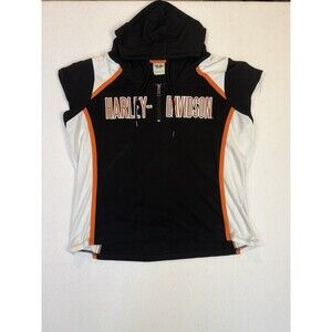 Harley-Davidson Women’s Short Sleeve Hoodie L Black Orange White Zip Up Athletic